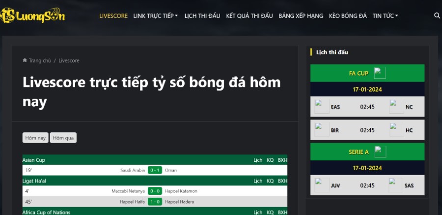 Livescore tại Luongson TV